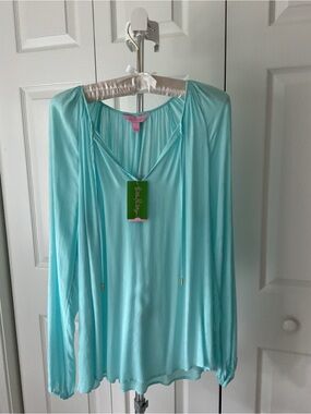 Lilley Pulitzer Light Aqua Long Sleeve V-Neck Tie Front Top